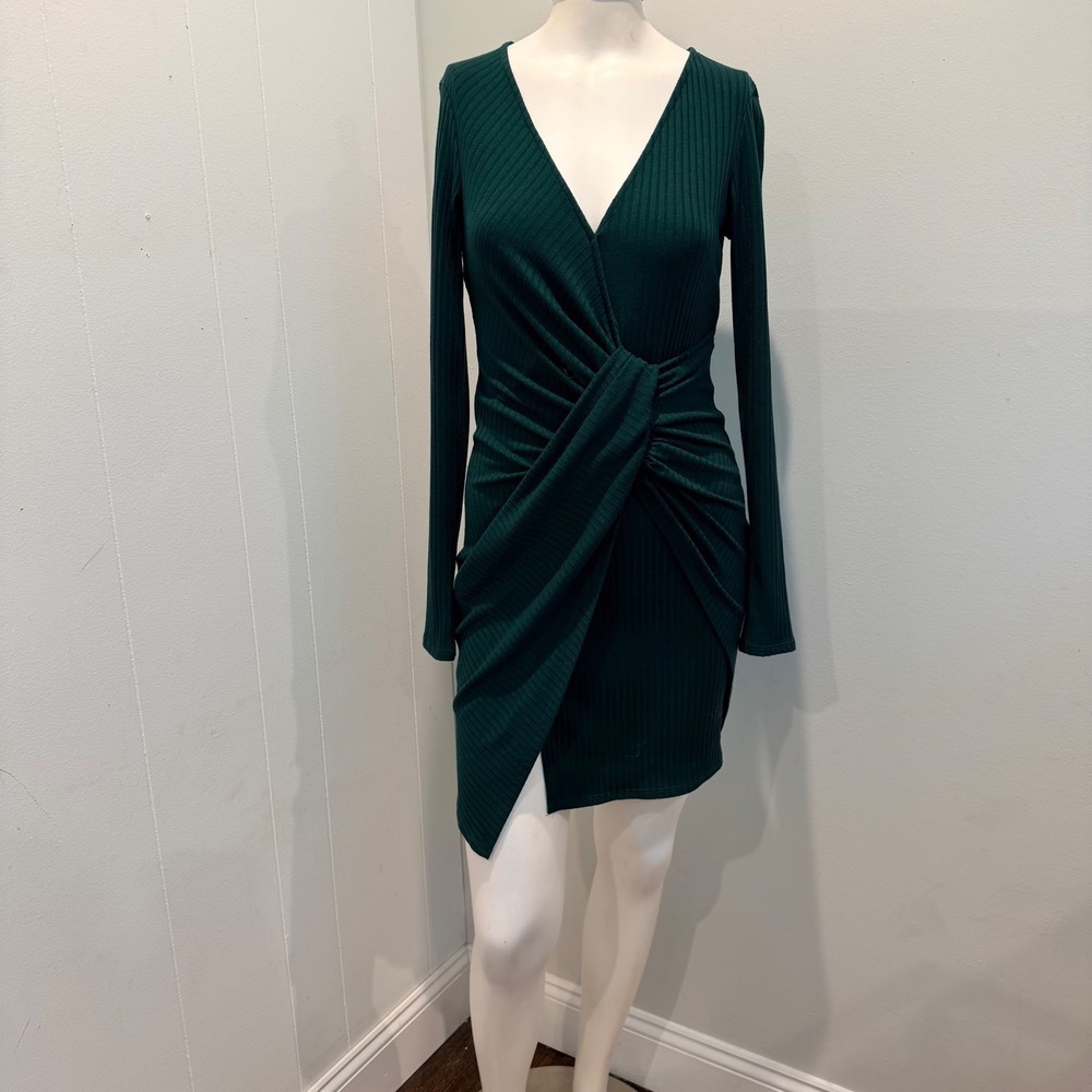 Abbeline Hunter Green Ribbed Twist Front Bodycon Mini Dress Wrap Style | Size XS